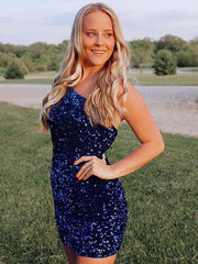 One Shoulder Royal Blue Prom Dresses, Short Blue Formal Homecoming Dresses