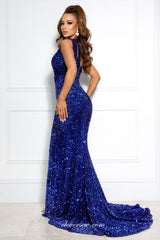 One Shoulder Royal Blue Sequined Sheath Evening Dresses, CP0766