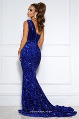 One Shoulder Royal Blue Sequined Sheath Evening Dresses, CP0766