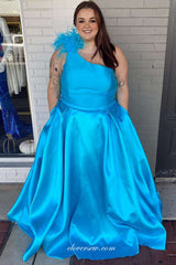 One Shoulder Satin With Feather Strap A-line Plus Size Simple Prom Dresses, CP1065