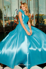 One Shoulder Satin With Feather Strap A-line Plus Size Simple Prom Dresses, CP1065