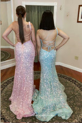 One Shoulder Sequin Backless Lace Up Back Mermaid Wuth Side Slit Prom Dresses, CP0931
