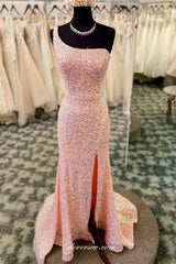 One Shoulder Sequin Backless Lace Up Back Mermaid Wuth Side Slit Prom Dresses, CP0931
