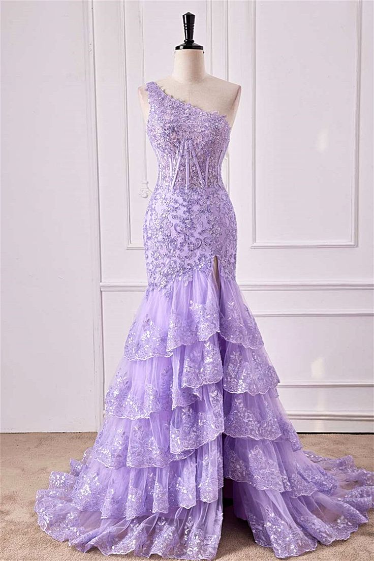 One Shoulder Sequin Violet Purple Prom Dress Tiered Ruffle Mermaid Appliqeus