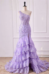 One Shoulder Sequin Violet Purple Prom Dress Tiered Ruffle Mermaid Appliqeus