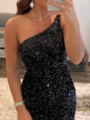 One Shoulder Short Black Prom Dresses, Short Black Formal Graduation Dresses