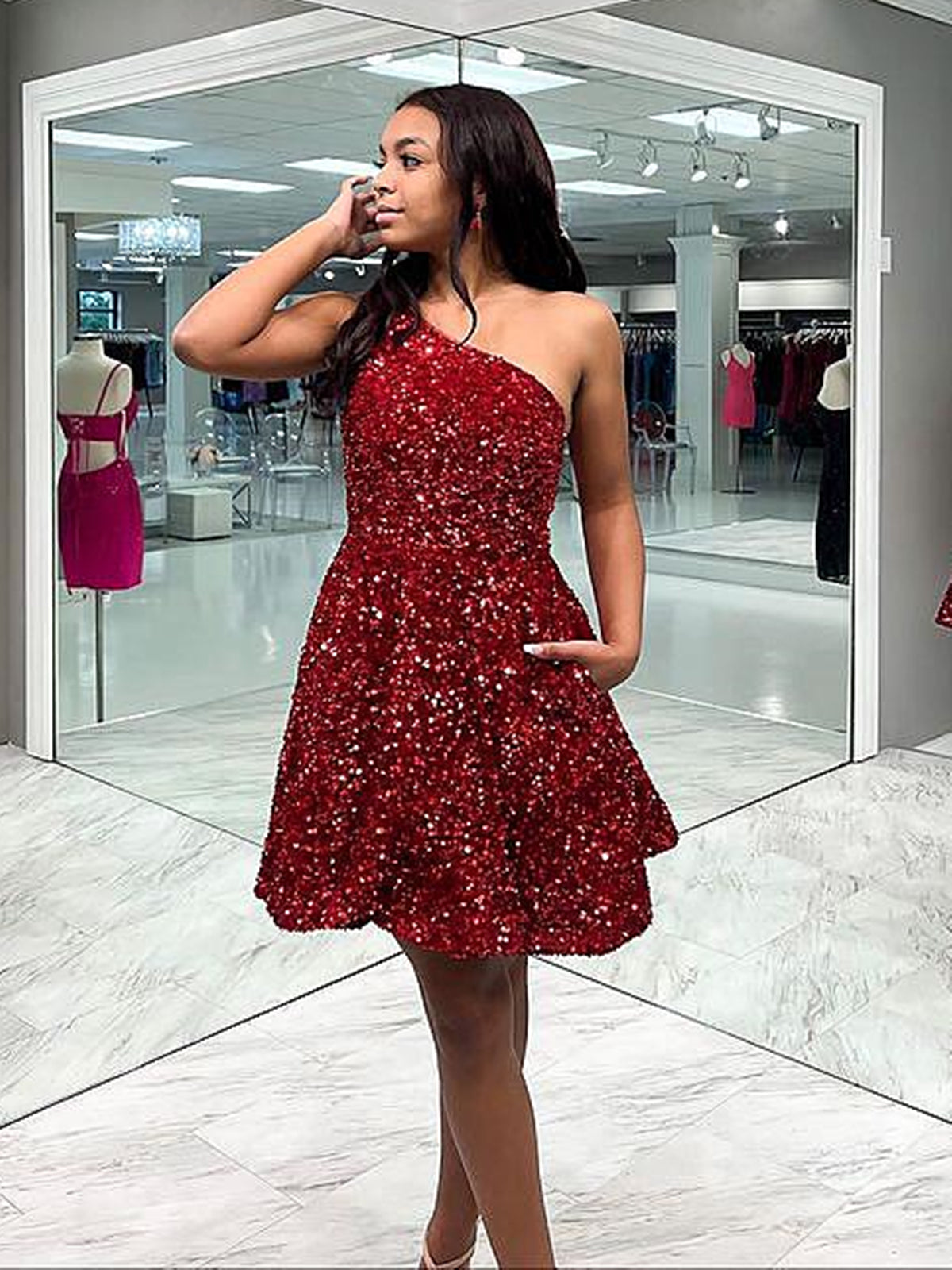 One Shoulder Short Burgundy Prom Dresses, One Shoulder Short Wine Red Formal Homecoming Dresses