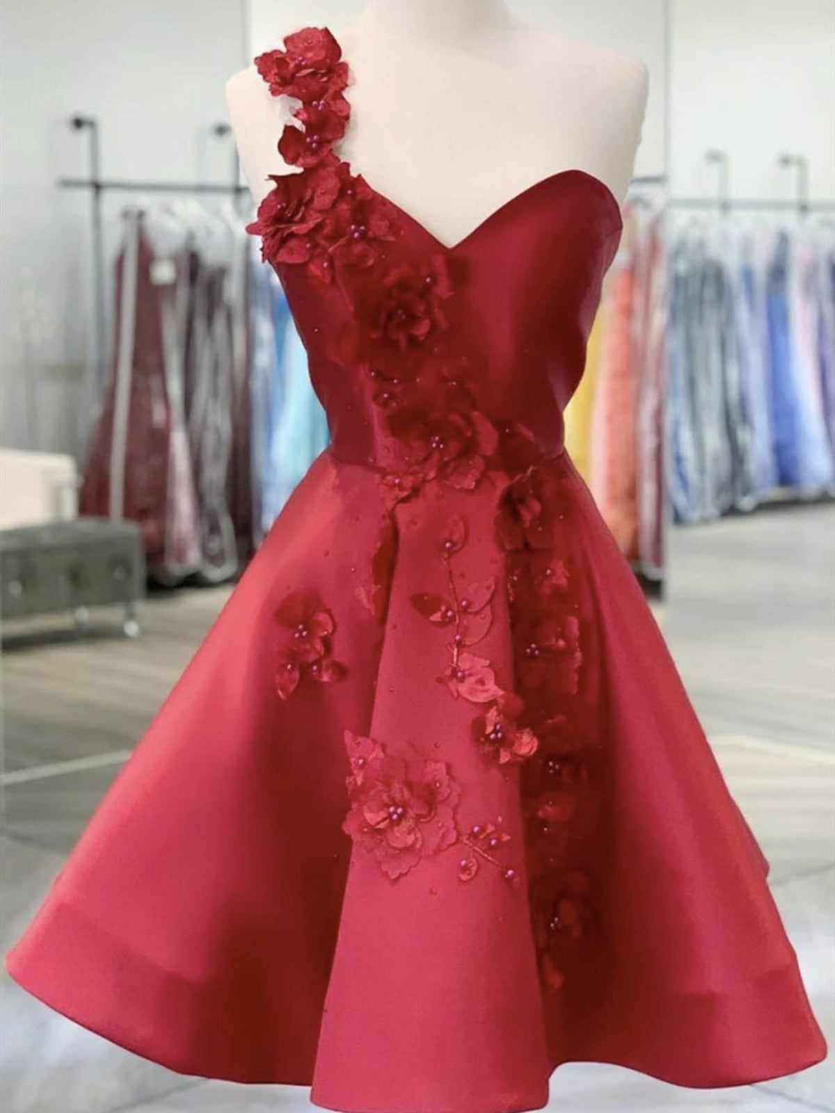 One Shoulder Short Burgundy Satin Prom Dresses, Wine Red Short Floral Formal Graduation Dresses