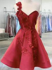 One Shoulder Short Burgundy Satin Prom Dresses, Wine Red Short Floral Formal Graduation Dresses