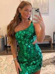 One Shoulder Short Green Prom Dresses, Green One Shoulder Short Formal Homecoming Dresses