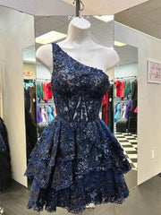 One Shoulder Short Navy Blue Lace Prom Dresses, One Shoulder Short Navy Blue Formal Homecoming Dresses