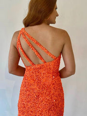 One Shoulder Short Orange Prom Dresses, Short Orange Formal Homecoming Dresses
