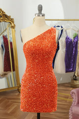 One Shoulder Short Orange Prom Dresses, Short Orange Formal Homecoming Dresses