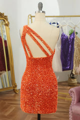 One Shoulder Short Orange Prom Dresses, Short Orange Formal Homecoming Dresses