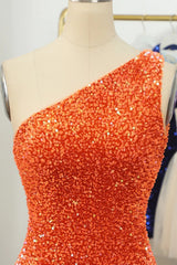 One Shoulder Short Orange Prom Dresses, Short Orange Formal Homecoming Dresses
