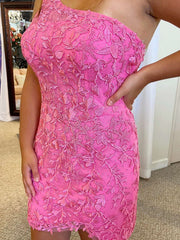One Shoulder Short Pink Lace Prom Dresses, Short Pink Lace Graduation Homecoming Dresses