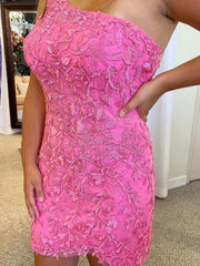 One Shoulder Short Prom Dresses Mermaid Pink Lace Homecoming Dresses