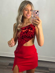 One Shoulder Short Red Blue Prom Dresses, One Shoulder Short Red Blue Formal Homecoming Dresses