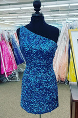One Shoulder Short Sequins Prom Dresses, Short One Shoulder Sequins Formal Homecoming Dresses