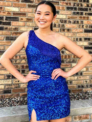 One Shoulder Short Tight Orange Blue Prom Dresses, One Shoulder Short Formal Homecoming Dresses