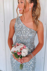 One Shoulder Silver Sequin Prom Dresses Mermaid Formal Gown