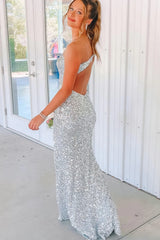 One Shoulder Silver Sequin Prom Dresses Mermaid Formal Gown