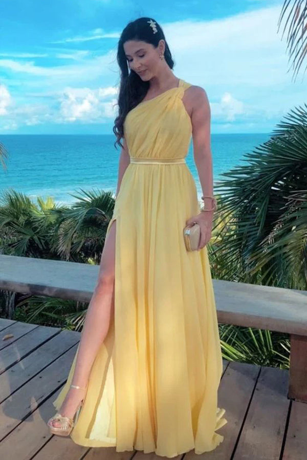 One Shoulder Yellow Long Prom Dress Sexy Prom Dress TP1333
