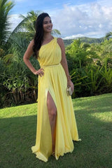 One Shoulder Yellow Long Prom Dress Sexy Prom Dress TP1333