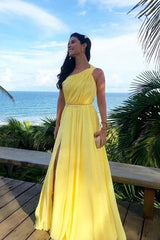 One Shoulder Yellow Long Prom Dress Sexy Prom Dress TP1333