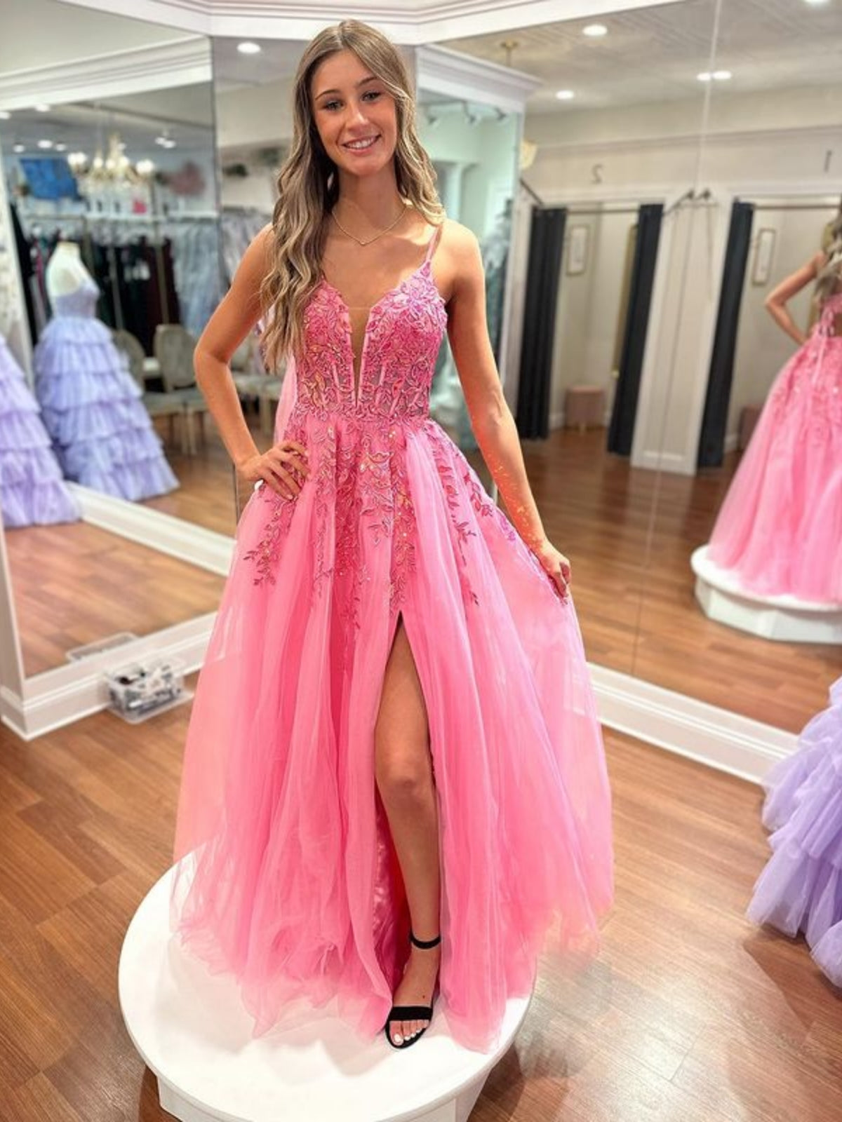 Open Back A Line V Neck Hot Pink Lace Long Prom Dresses with High Slit, Hot Pink Lace Formal Graduation Evening Dresses