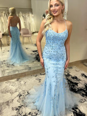Open Back Blue Lace Mermaid Prom Dresses, Backless Blue Lace Mermaid Formal Evening Dresses