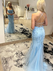 Open Back Blue Lace Mermaid Prom Dresses, Backless Blue Lace Mermaid Formal Evening Dresses