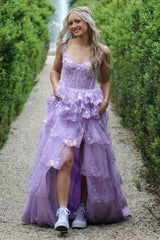 Open Back High Low Layered Lilac Lace Long Prom Dress, Purple Lace Formal Dress, Lilac Evening Dress A2245