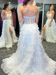 Open Back Strapless White Sequins Tulle Ruffle Long Prom Dresses with High Slit, Strapless White Formal Evening Dresses