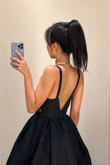 Open Back V Neck Black Satin Prom Dress, V Neck Black Homecoming Dress, Short Black Formal Graduation Evening Dress A1915