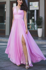 Open Back V Neck Pink Long Prom Dress with High Slit, Long Pink Formal Evening Dress, Pink Bridesmaid Dress A1821
