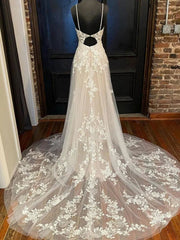 Open Back V Neck White Lace Long Wedding Dresses with Train, White Lace Prom Dresses, White Evening Dresses