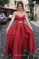 Open Waist Strapless Red Satin A-line Prom Dresses, CP0887