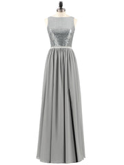 Sequins and Chiffon Dress with Slit-Silver