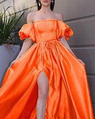 Fall Orange Bridesmaid Dresses Satin Split Off The Shoulder