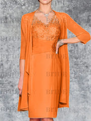 Two Piece Ruffle Chiffon Mother of the Bride Outfit Lace Short Wedding Guest Dress