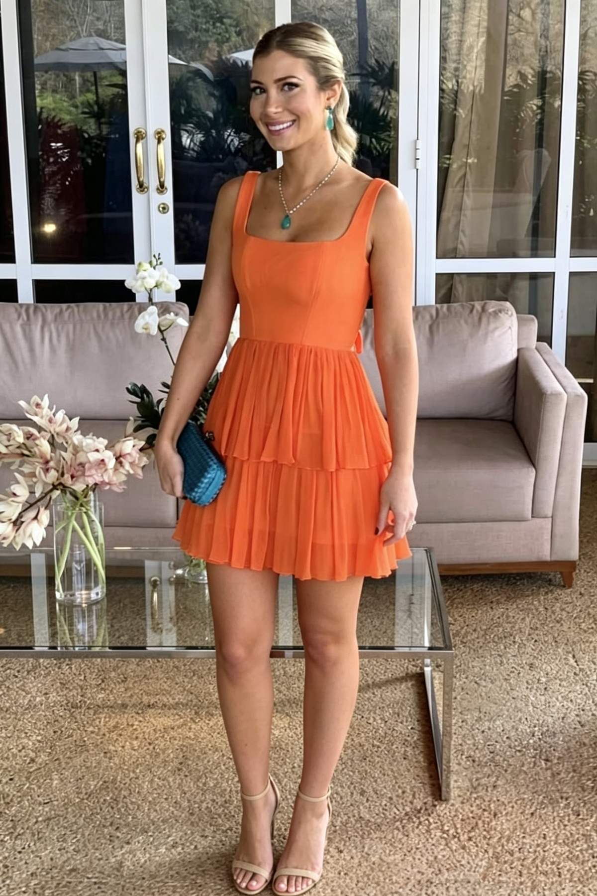 Orange A-Line Layered Square Chiffon Sleeveless Short Homecoming Dress