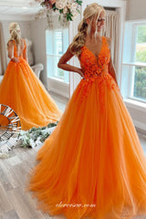 Orange Applique Tulle V-neck Sleeveless Open Back Prom Dresses, CP0891
