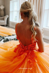 Orange Applique Tulle V-neck Sleeveless Open Back Prom Dresses, CP0891