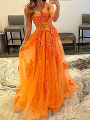 Orange Lace Long Prom Dresses, Orange Lace Formal Graduation Dresses