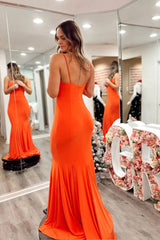 Orange Mermaid Satin Prom Dresses Strap Formal Dress TP1297