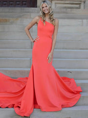 Orange One Shoulder Satin Mermaid Long Prom Dress with Sleeveless