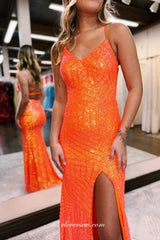 Orange Sequined Tulle Spaghetti Strap Open Back Side Slit Prom Dresses, CP1028