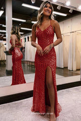 Orange Sequined Tulle Spaghetti Strap Open Back Side Slit Prom Dresses, CP1028