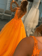 Orange V-Neck Tulle Lace A-Line Prom Dress Formal Dress TP1164